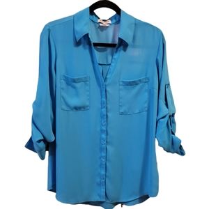 EXPRESS Portofino Bright Blue Long Sleeve Blouse Large Slim Fit Adjustable